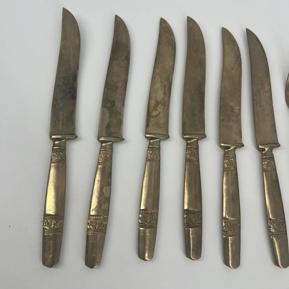 6 Vintage Brass‎ Dinner Knifes And 2 Forks Stamped S Thailand